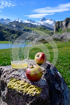 Glass of natural Asturian cider made fromÂ fermented apples with view on Covadonga lake and tops of Picos de Europa mountains,